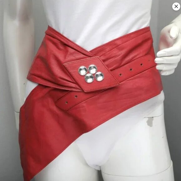 Vintage 80s Wide Red Leather Wrap Belt High Waist Corset Cinch Statement Gems - Picture 9 of 16